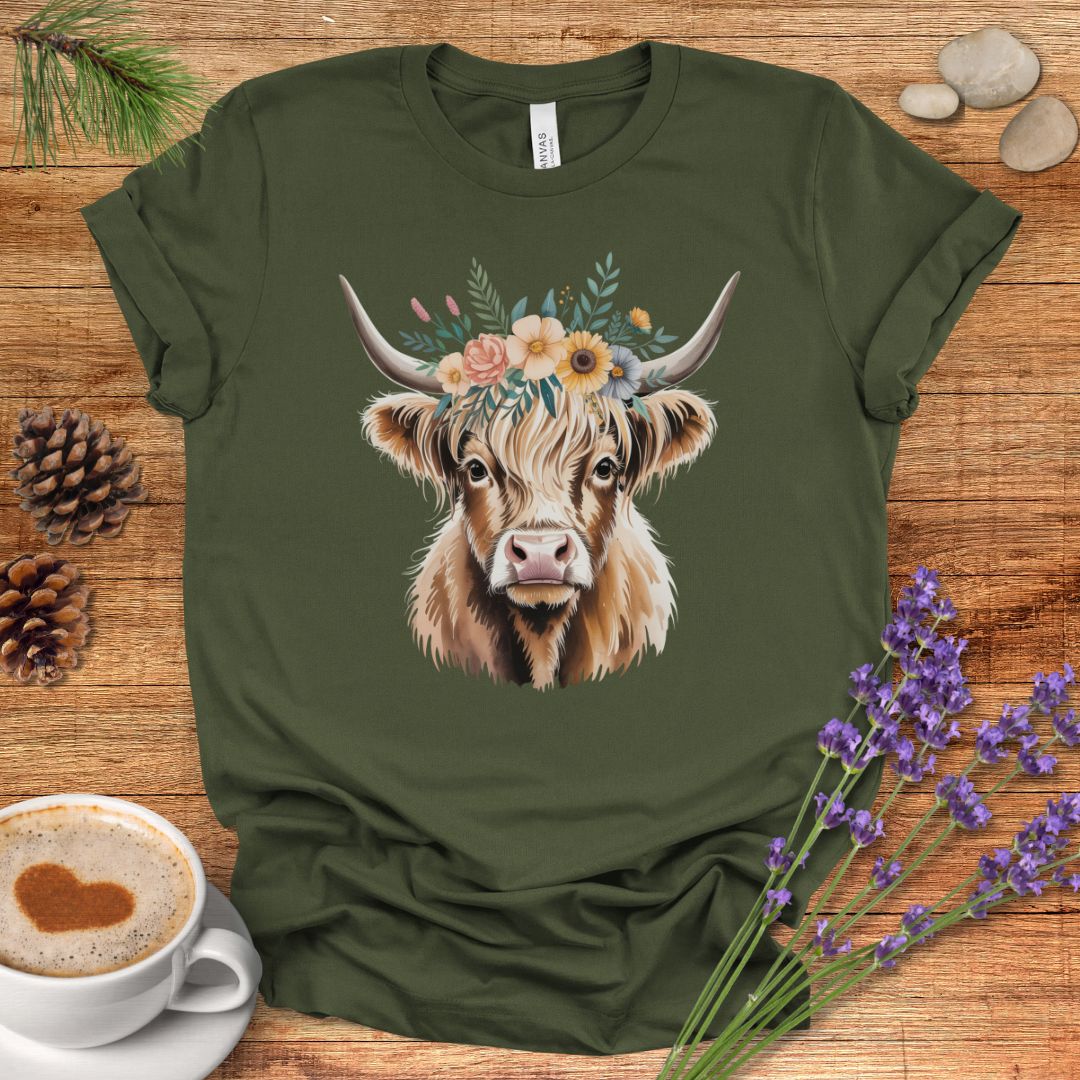 Floral Highland Cow T-Shirt – Rustic Boho Farmhouse Graphic Tee for Country Living & Cow Lovers