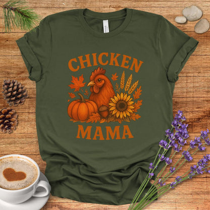 Chicken Mama Fall T-Shirt – Rustic Farmhouse Autumn Tee with Pumpkin, Sunflower & Chicken Design