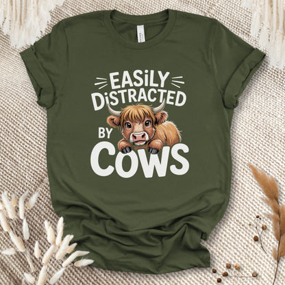 Easily Distracted by Cows T-Shirt – Funny Farm Animal Tee with Rustic Highland Cow Design