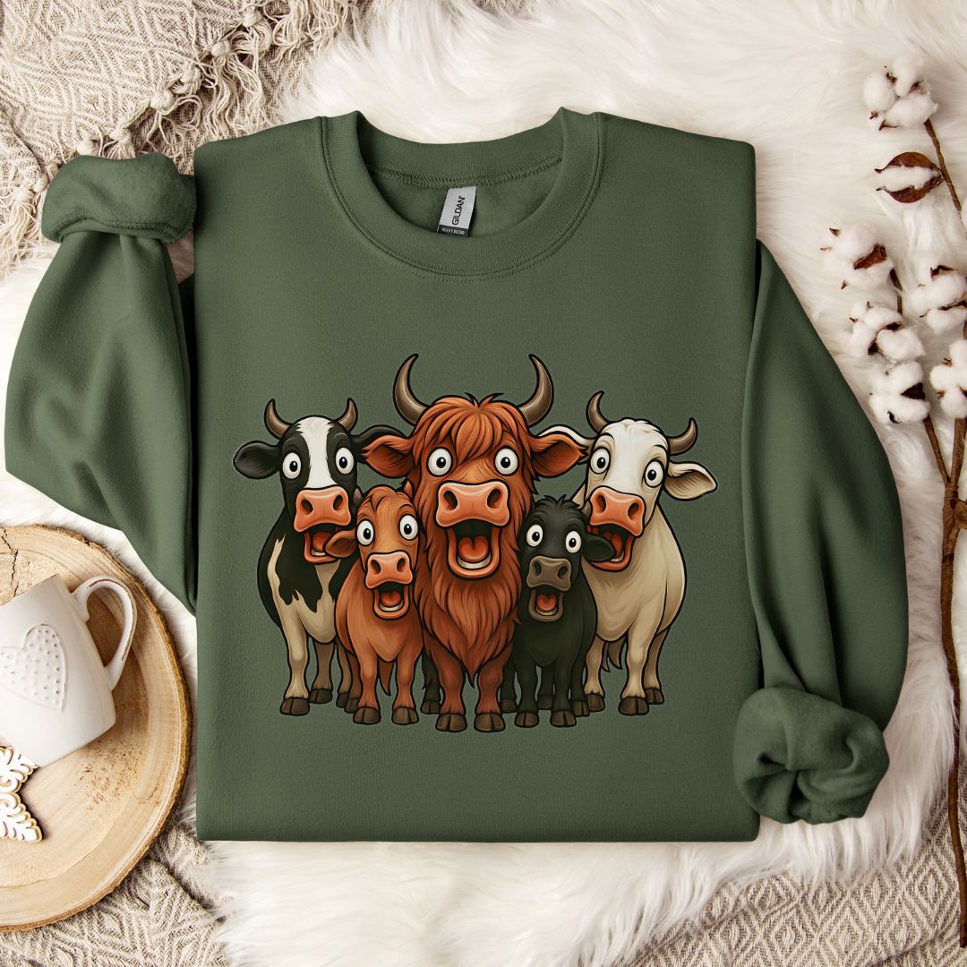 Funny Cow Lover Sweatshirt – Cute Cow Lineup Crewneck for Farm Life, Ranchers & Cow Moms
