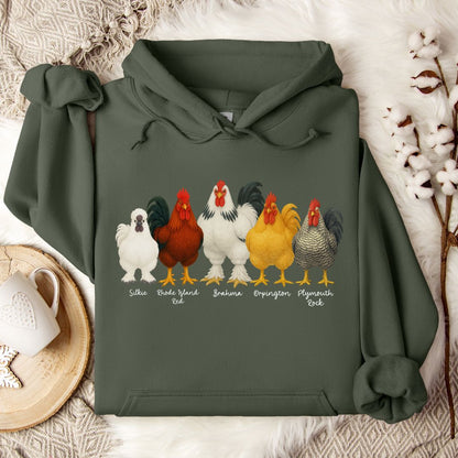 Rooster Breed Hoodie – Silkie, Rhode Island Red, Brahma & Orpington Chicken Lover Pullover