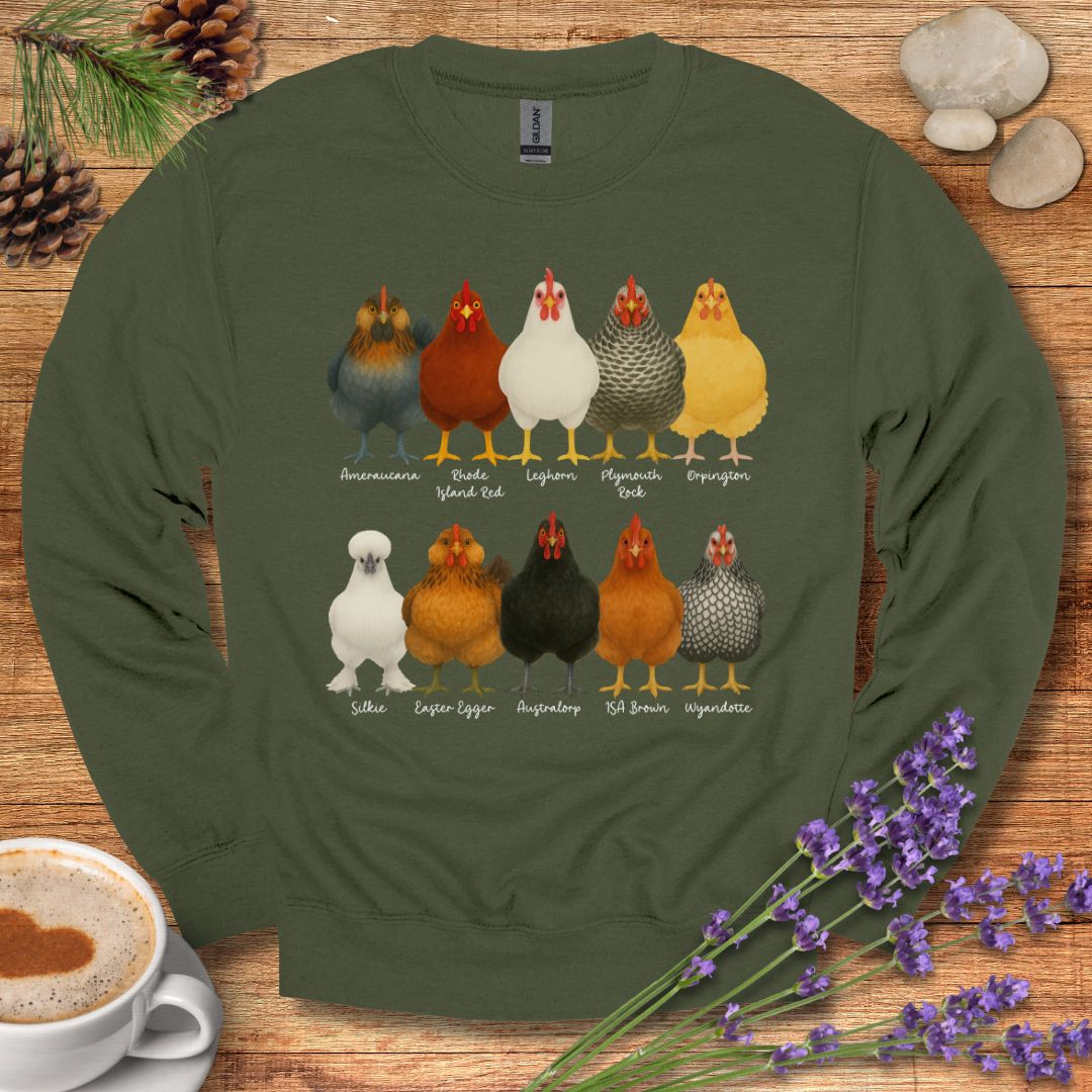Chicken Breeds Sweatshirt – Farm Animal Pullover with Popular Hen & Rooster Varieties for Chicken Lovers