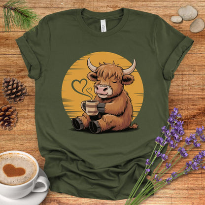 Highland Cow Coffee T-Shirt – Cozy Farmhouse Graphic Tee for Cow Lovers & Rustic Country Life