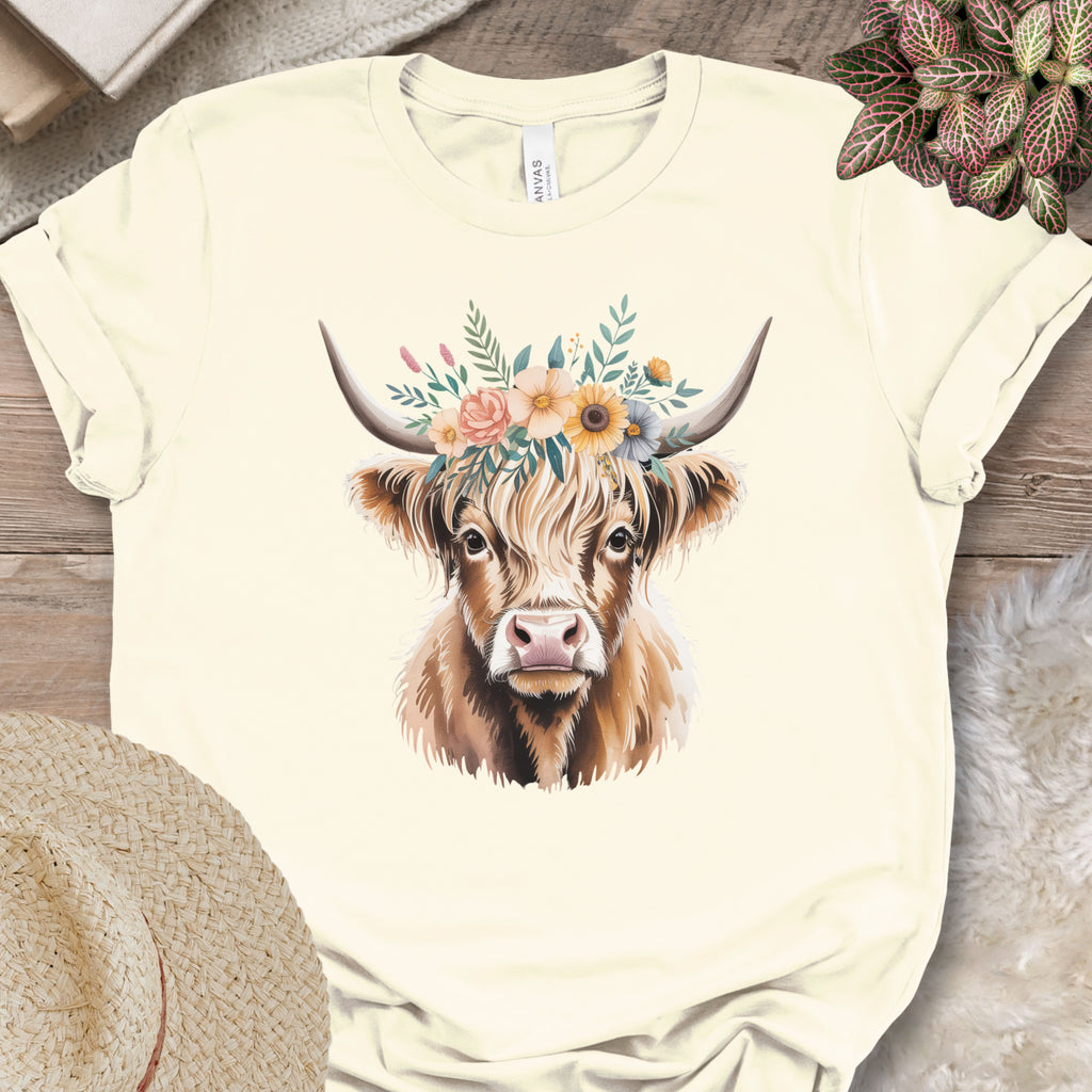Simple Floral Highland Cow Tee