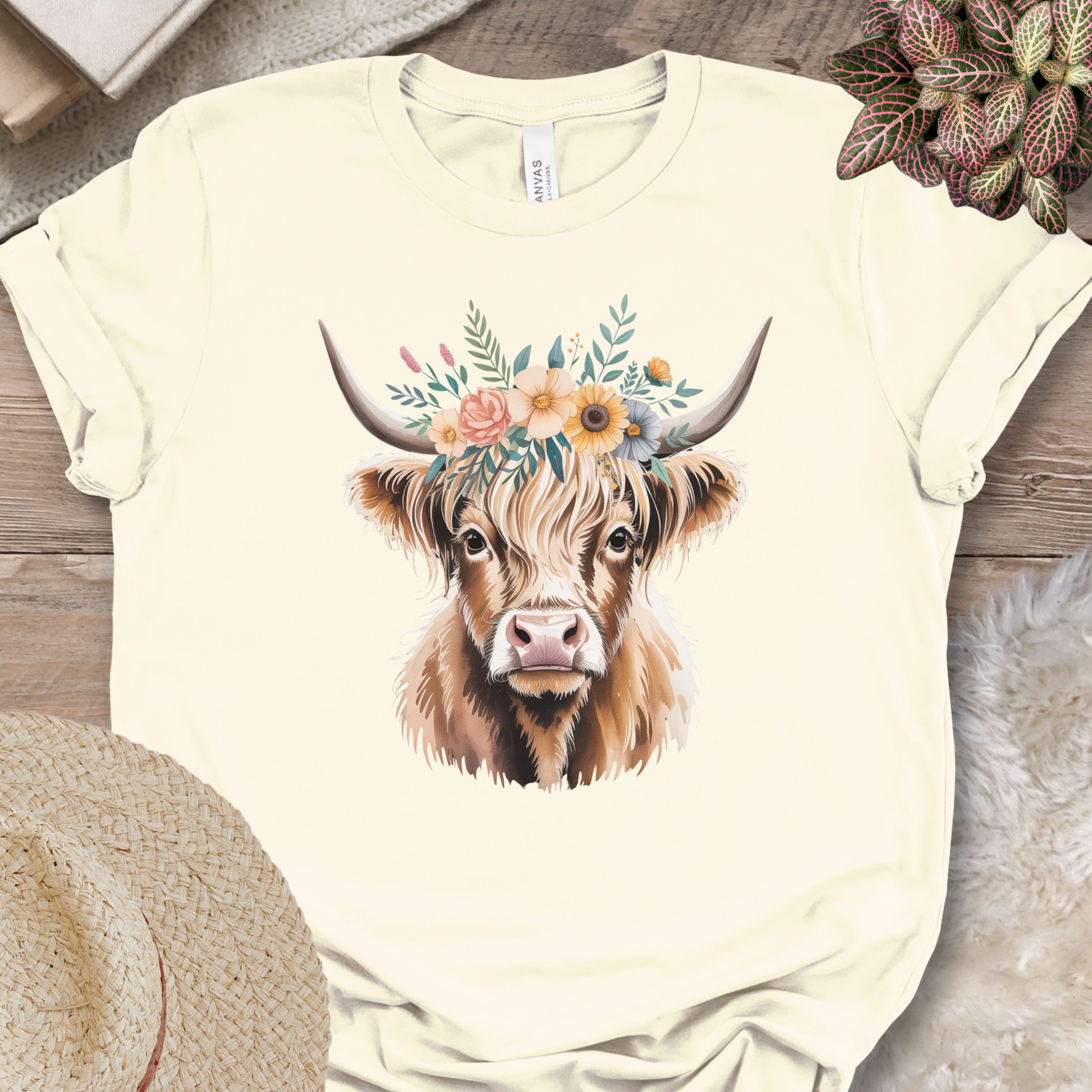 Simple Floral Highland Cow Tee