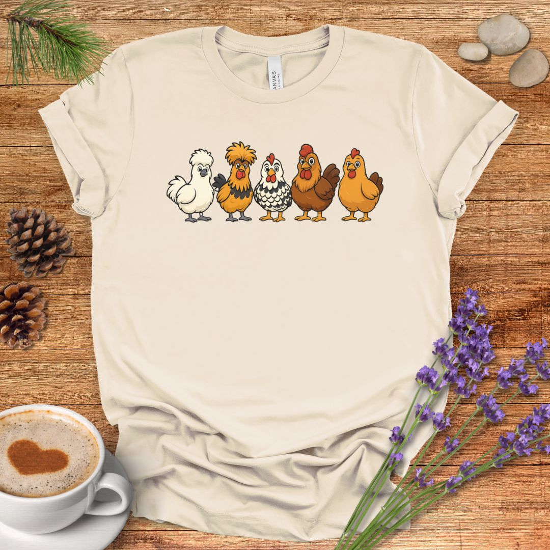 Chicken Breeds T-Shirt – Cartoon Silkie, Polish, Wyandotte, Brahma & Orpington Farm Animal Shirt for Chicken Lovers