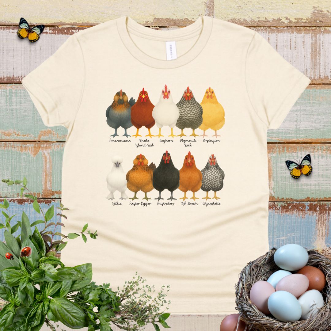 Chicken Breeds Kids T-Shirt – Cute Farm Chickens Chart Youth Tee for Animal Lovers & Farm Kids