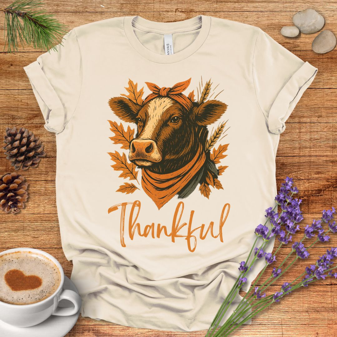 Thankful & Blessed Cow T-Shirt – Rustic Farmhouse Autumn Tee for Fall & Thanksgiving Country Living
