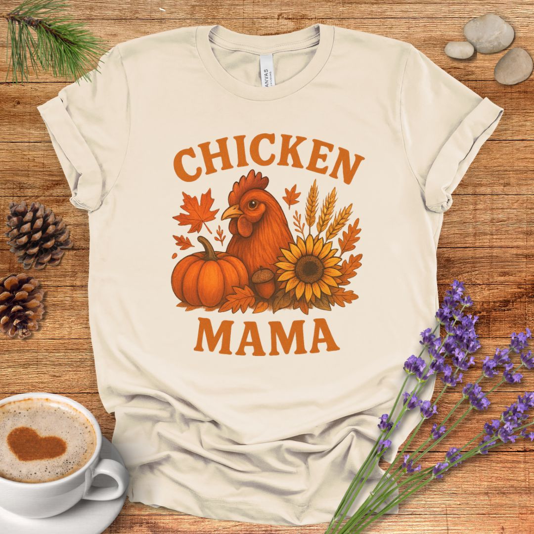 Chicken Mama Fall T-Shirt – Rustic Farmhouse Autumn Tee with Pumpkin, Sunflower & Chicken Design
