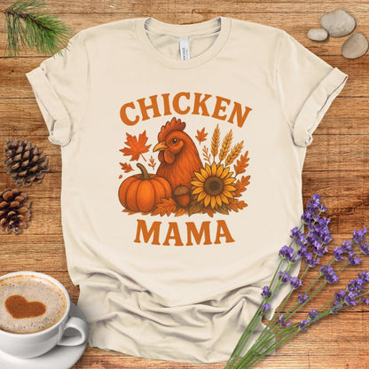 Chicken Mama Fall T-Shirt – Rustic Farmhouse Autumn Tee with Pumpkin, Sunflower & Chicken Design