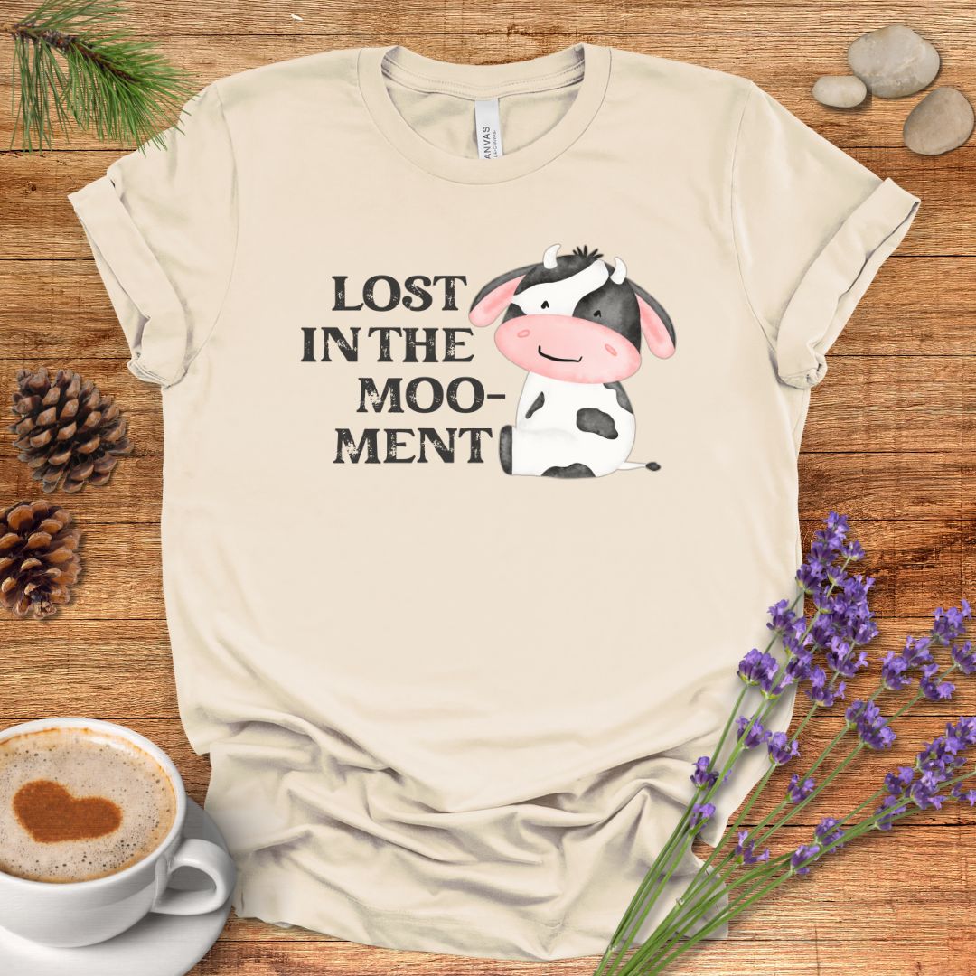 Funny Cow T-Shirt – “Lost in the Moo-ment” Farm Animal Pun Shirt for Cow Lovers & Farmers