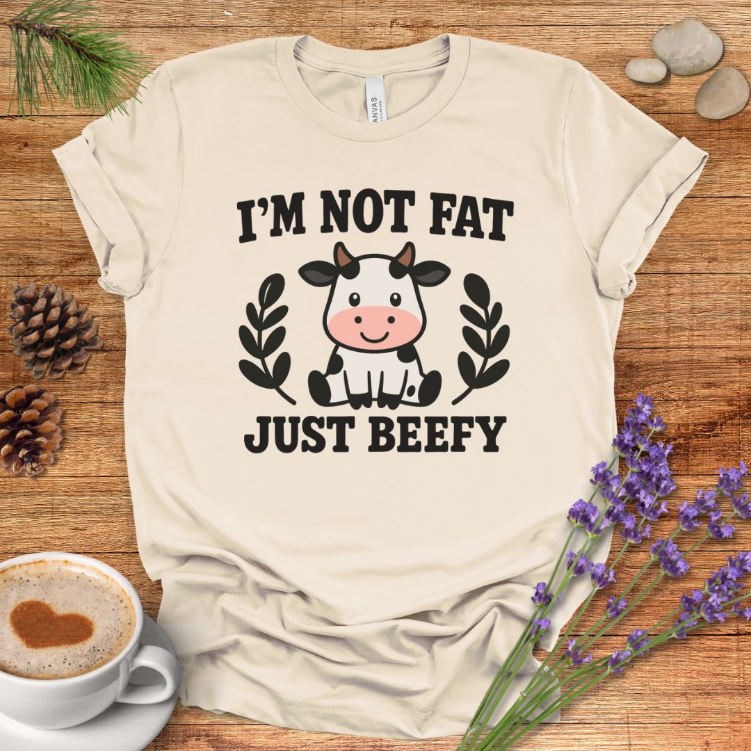 Funny Cow Pun T-Shirt – “I’m Not Fat, Just Beefy” Cartoon Farm Animal Tee for Rustic Country Living