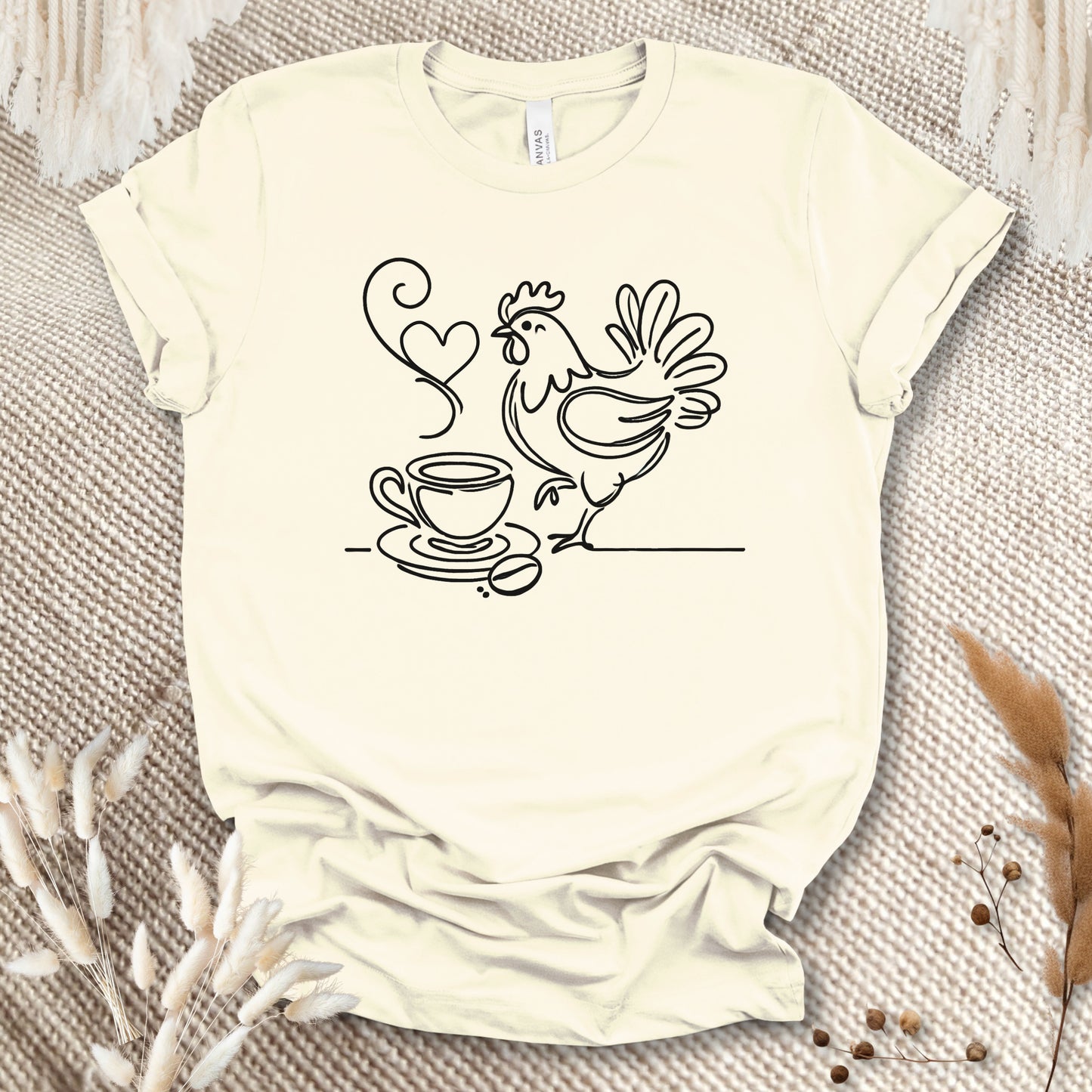 Minimalist Coffee & Chicken Line Art T-Shirt