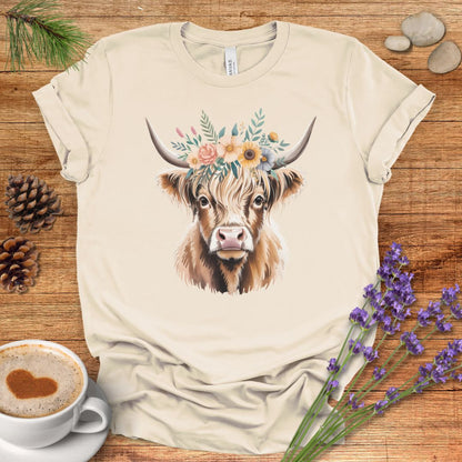 Floral Highland Cow T-Shirt – Rustic Boho Farmhouse Graphic Tee for Country Living & Cow Lovers