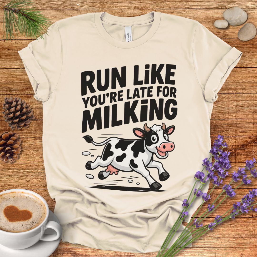 Funny Cow Lover T-Shirt – Run Like You’re Late for Milking Farm Tee for Cow Moms, Farmers & Country Life Fans