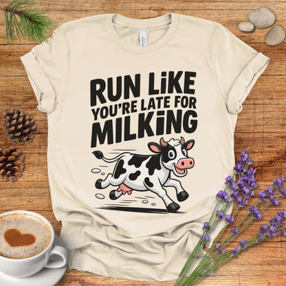 Funny Cow Lover T-Shirt – Run Like You’re Late for Milking Farm Tee for Cow Moms, Farmers & Country Life Fans