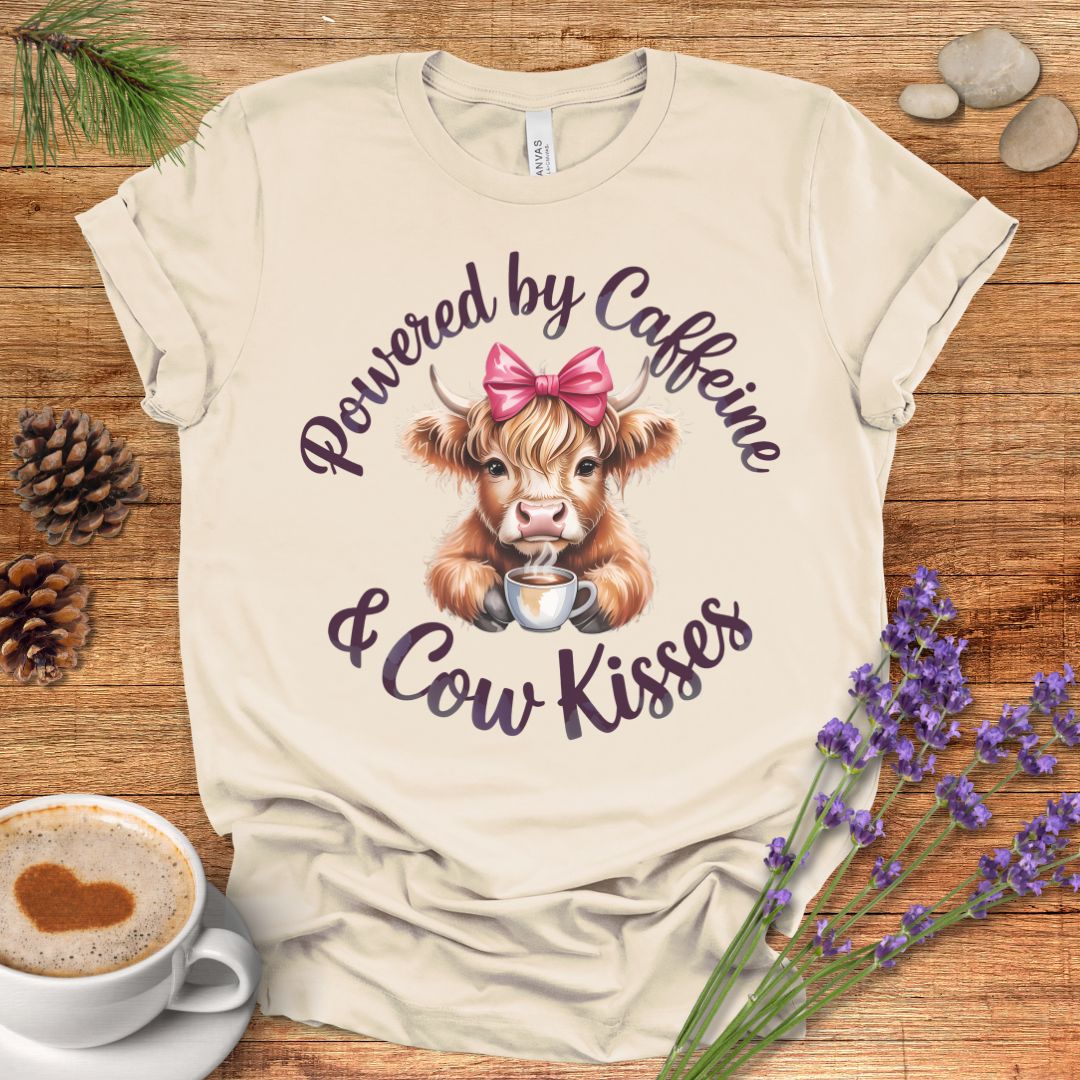 Funny Highland Cow Lover T-Shirt – Powered by Caffeine & Cow Kisses Tee for Cow Moms, Coffee Lovers & Country Life Fans