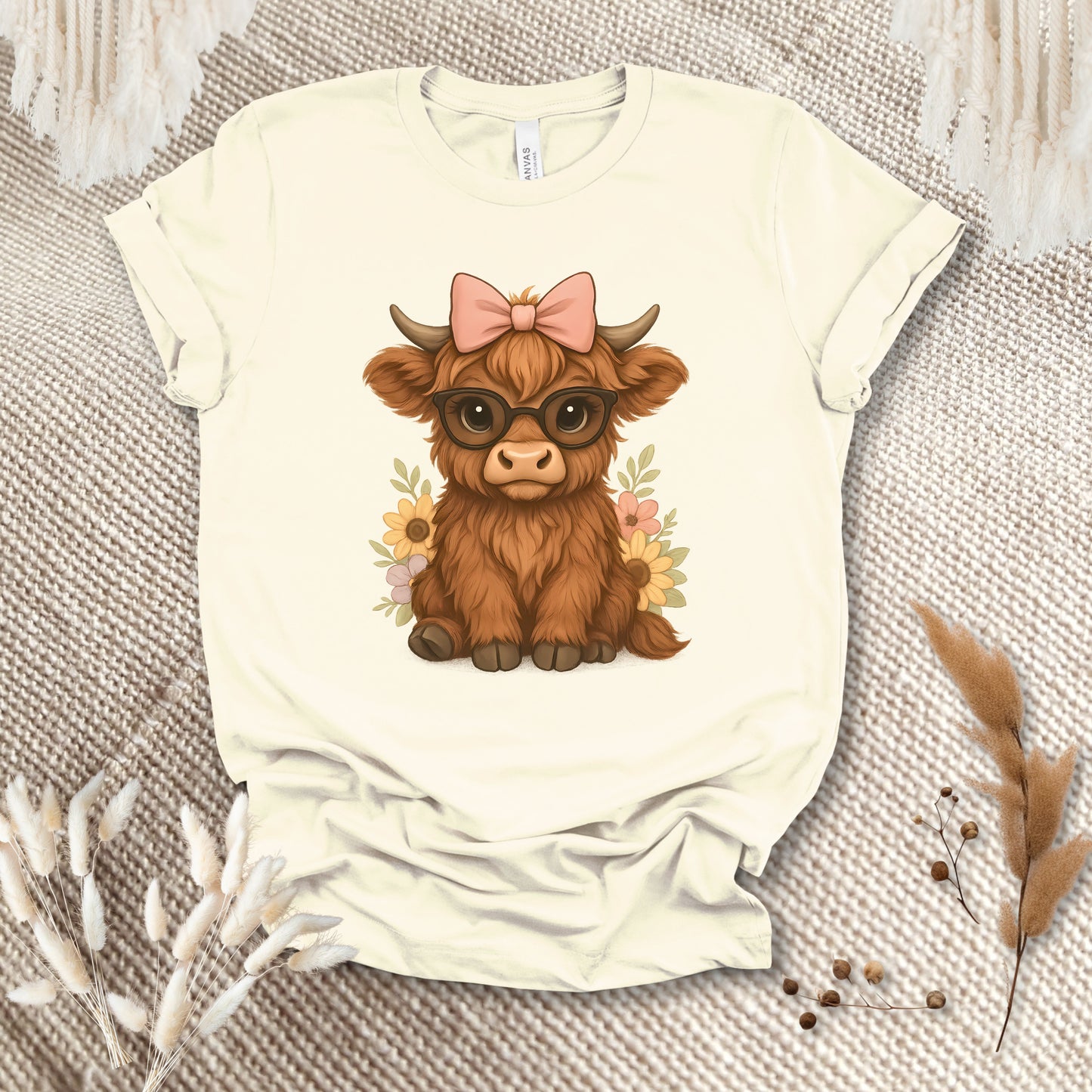 Cute Highland Cow T-Shirt – Floral Cow with Glasses Tee for Cow Lovers