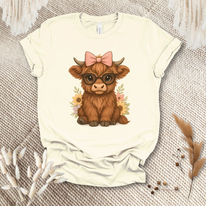 Cute Highland Cow T-Shirt – Floral Cow with Glasses Tee for Cow Lovers