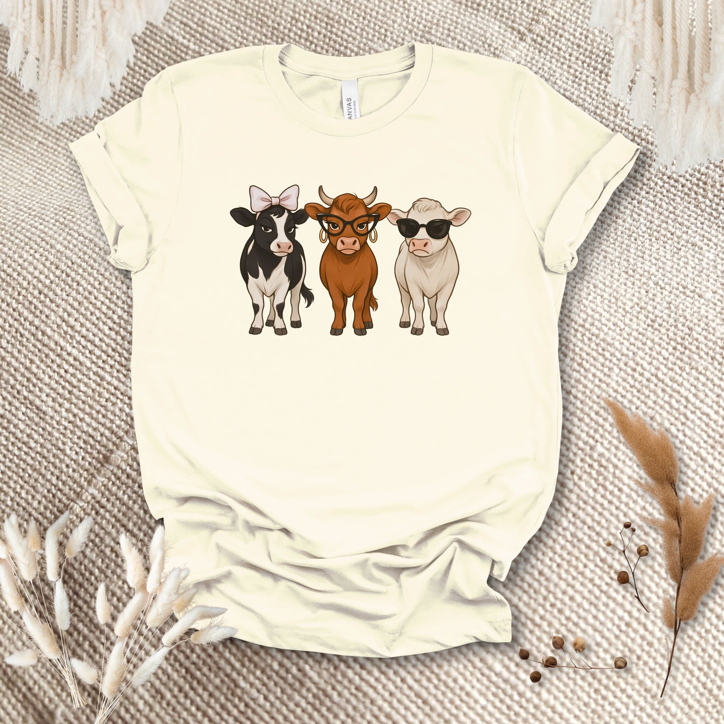 Trendy Cow Trio T-Shirt – Cute Stylish Cows with Bow & Sunglasses Farm Animal Tee