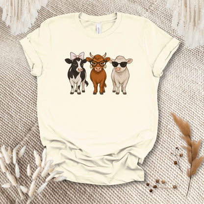 Trendy Cow Trio T-Shirt – Cute Stylish Cows with Bow & Sunglasses Farm Animal Tee
