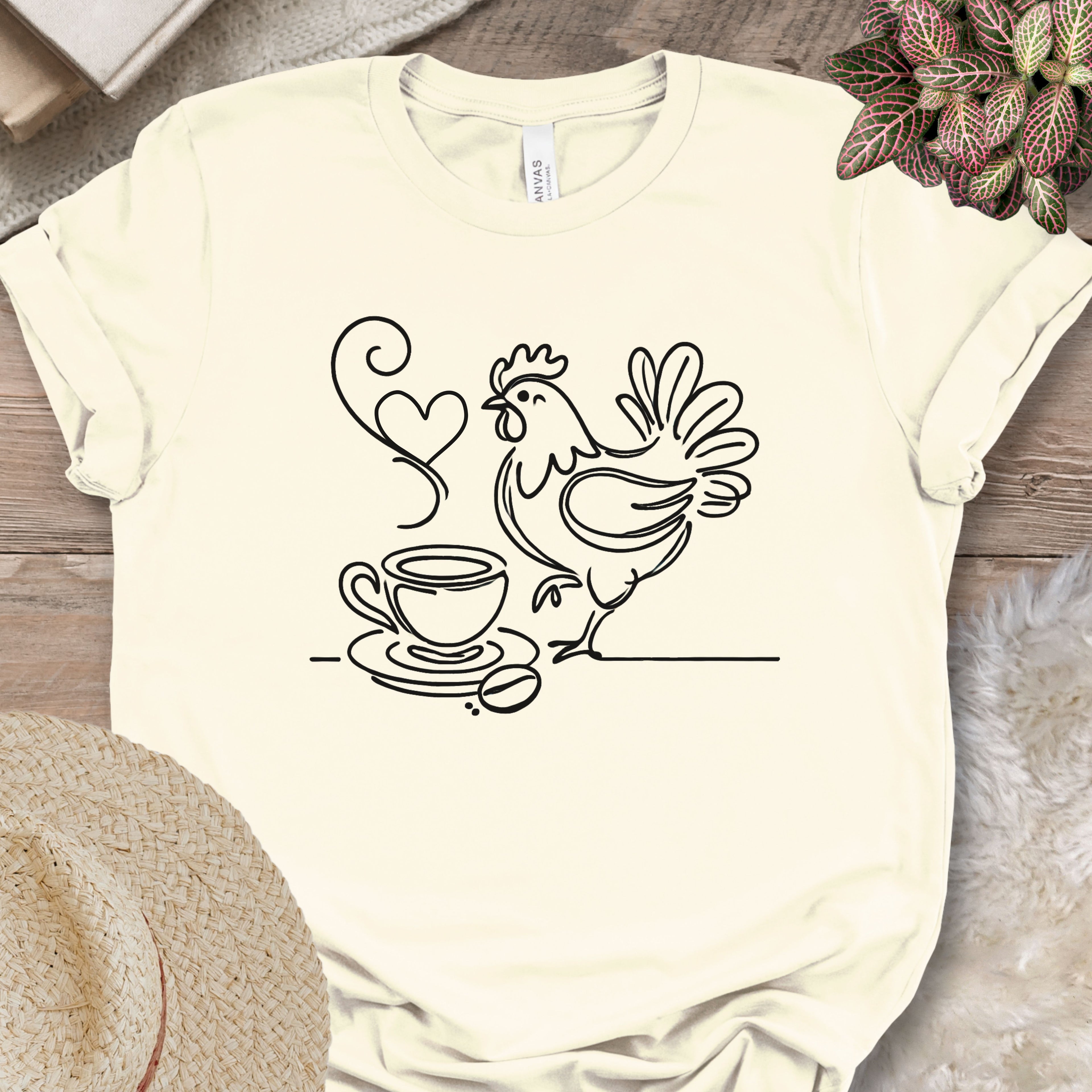 Minimalist Coffee & Chicken Line Art T-Shirt
