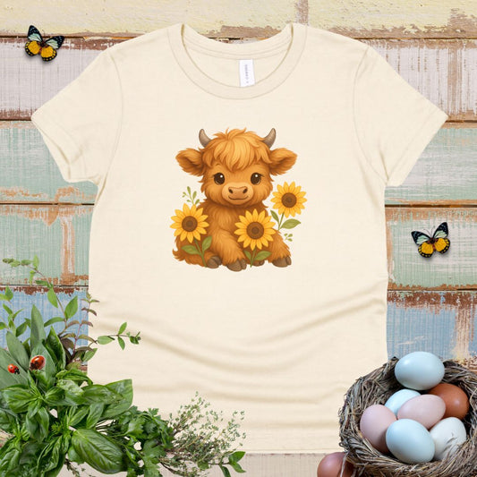 Cute Highland Cow Kids T-Shirt – Sunflower Cow Tee for Little Farm Animal Lovers