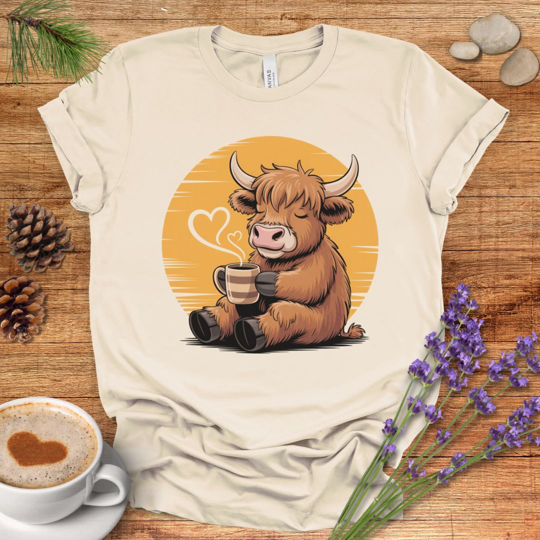 Highland Cow Coffee T-Shirt – Cozy Farmhouse Graphic Tee for Cow Lovers & Rustic Country Life