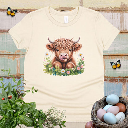 Cute Highland Cow Kids T-Shirt – Adorable Tongue-Out Cow & Wildflower Tee for Little Farm Animal Lovers