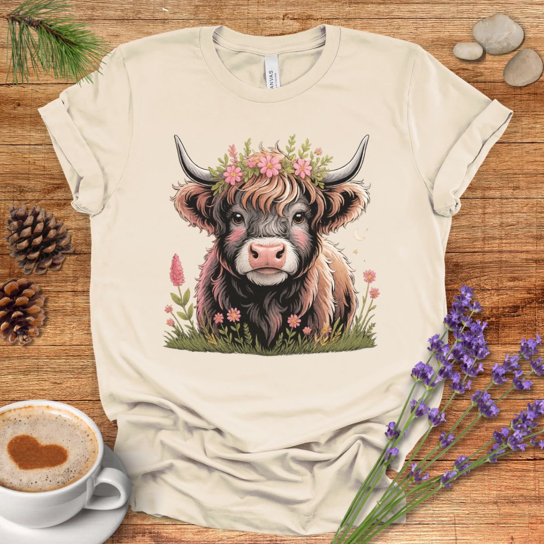 Floral Highland Cow T-Shirt – Boho Farmhouse Graphic Tee for Rustic Country Living & Cow Lovers