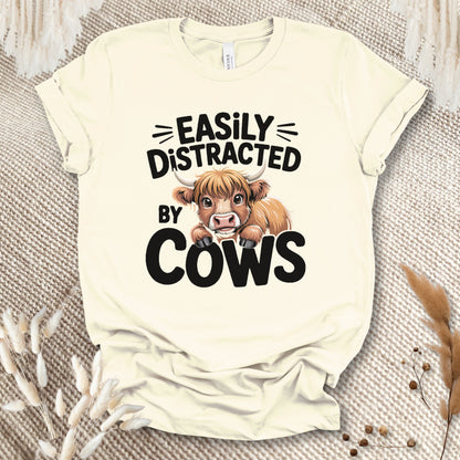 Easily Distracted by Cows T-Shirt – Funny Farm Animal Tee with Rustic Highland Cow Design