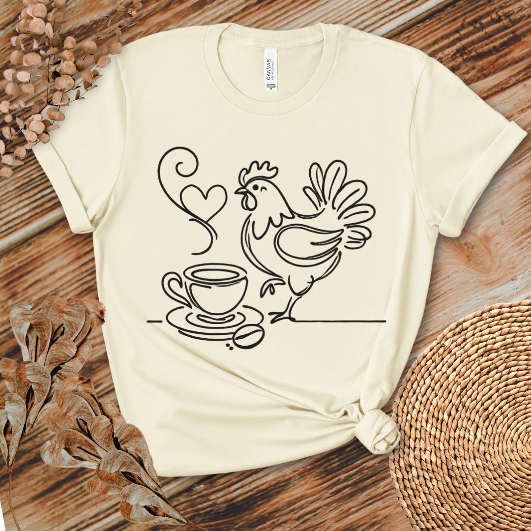 Minimalist Coffee & Chicken Line Art T-Shirt