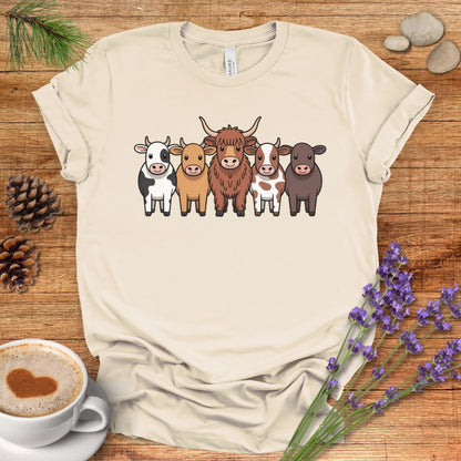 Cartoon Cow Breeds T-Shirt – Cute Farm Animal Lineup Tee with Highland, Dairy & Spotted Cows