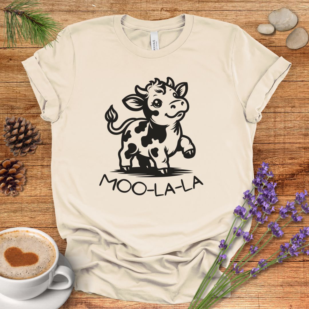 Cute Cow Cartoon T-Shirt – “Moo-La-La” Farm Animal Pun Tee for Rustic Country Living & Cow Lovers