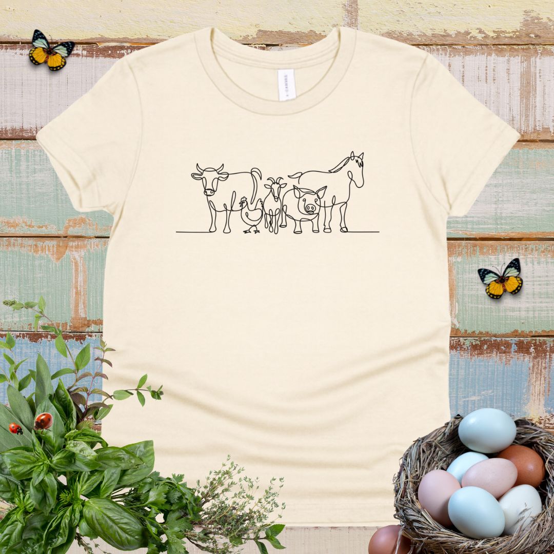 Cute Farm Animals Kids T-Shirt – One Line Art Cow, Chicken, Goat, Pig & Horse Youth Tee