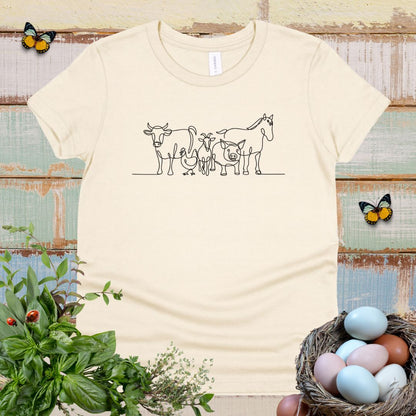 Cute Farm Animals Kids T-Shirt – One Line Art Cow, Chicken, Goat, Pig & Horse Youth Tee
