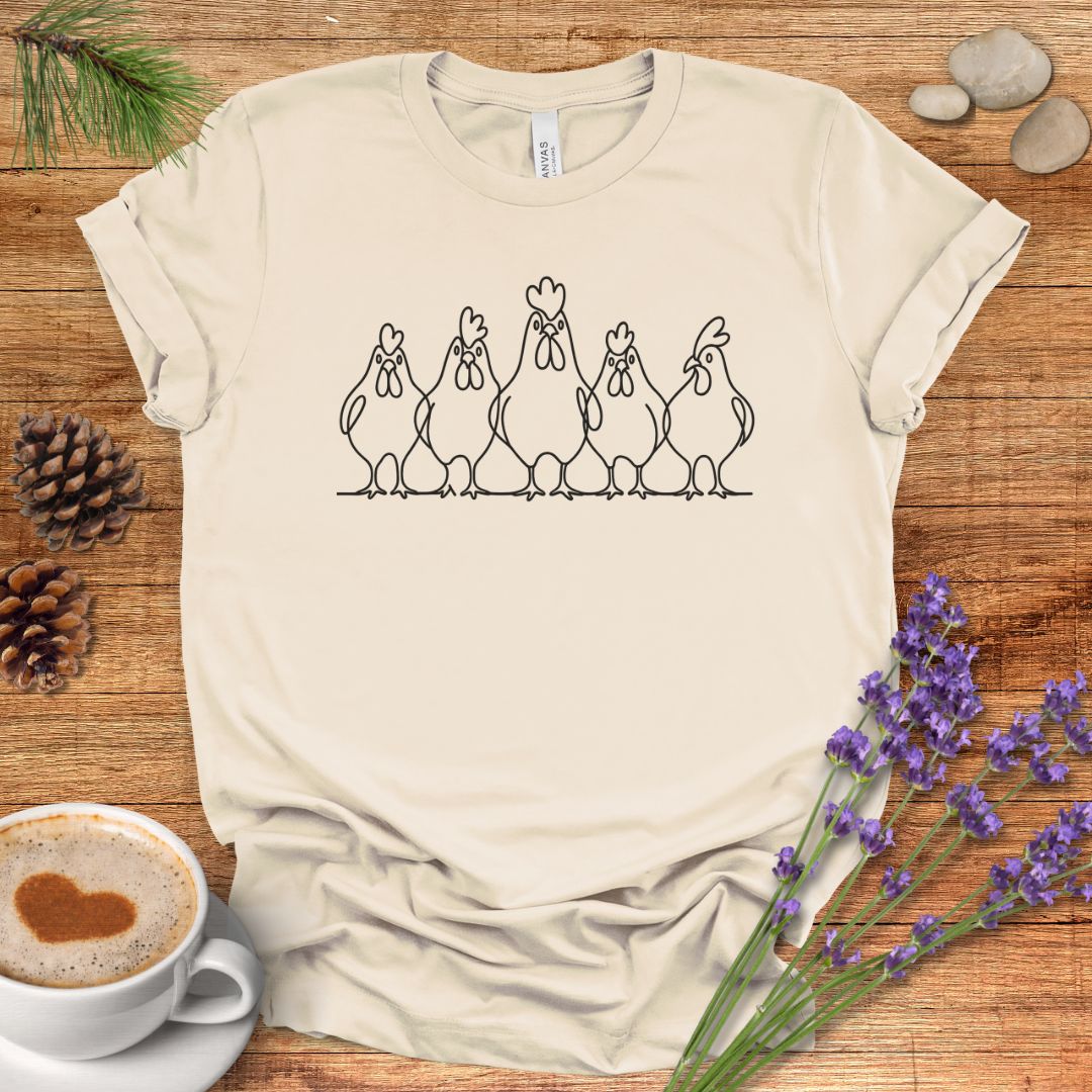 Minimalist Chicken T-Shirt – One Line Art Hen Lineup Farm Animal Shirt for Poultry Lovers & Farmhouse Style