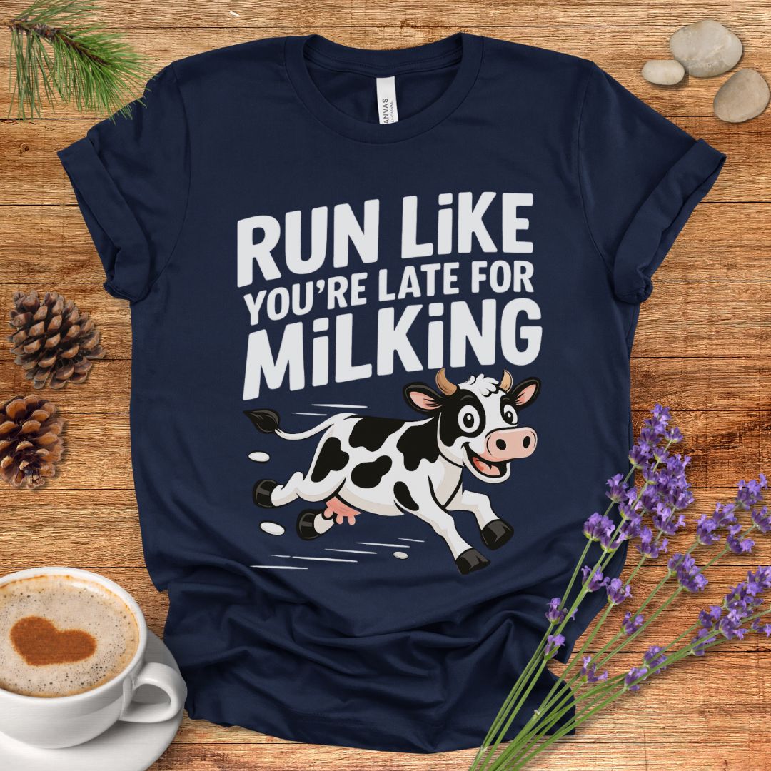Funny Cow Lover T-Shirt – Run Like You’re Late for Milking Farm Tee for Cow Moms, Farmers & Country Life Fans
