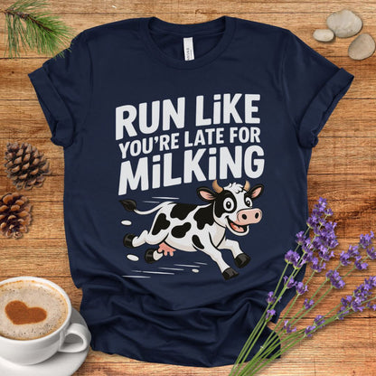 Funny Cow Lover T-Shirt – Run Like You’re Late for Milking Farm Tee for Cow Moms, Farmers & Country Life Fans