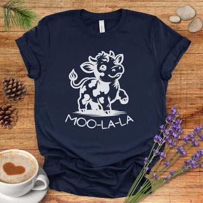 Cute Cow Cartoon T-Shirt – “Moo-La-La” Farm Animal Pun Tee for Rustic Country Living & Cow Lovers