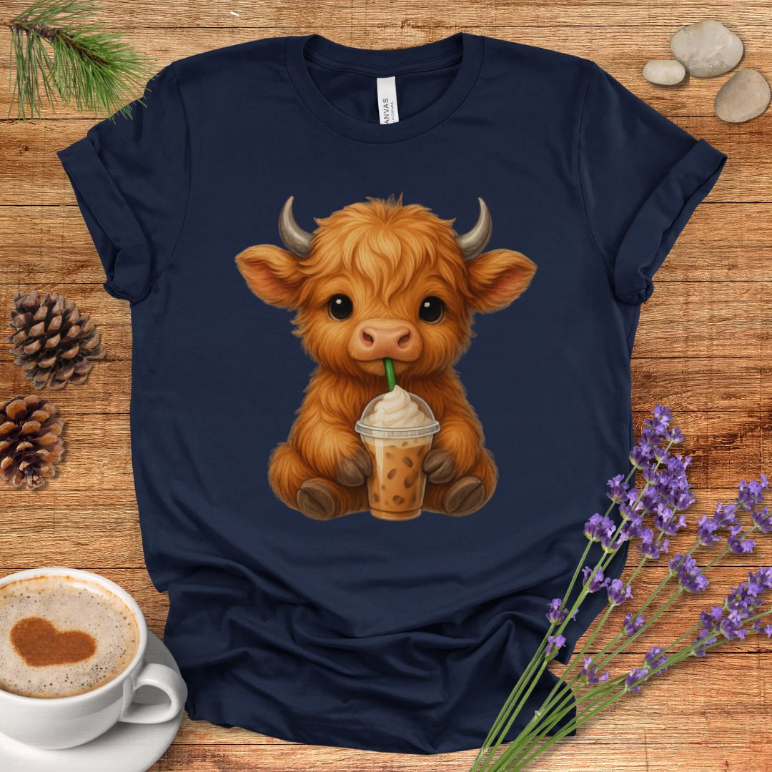 Cute Highland Cow T-Shirt – Coffee Lover Cow Tee for Farm, Country & Kawaii Style Fans