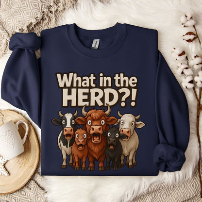 Funny Cow Sweatshirt – What in the Herd?! Farm Humor Crewneck for Cow Lovers & Country Life Fans
