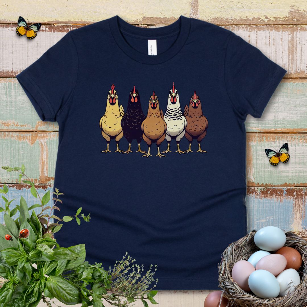 Cute Chicken Lover Kids T-Shirt – Farm Chickens Lineup Youth Tee for Boys & Girls