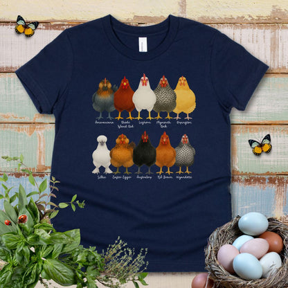 Chicken Breeds Kids T-Shirt – Cute Farm Chickens Chart Youth Tee for Animal Lovers & Farm Kids