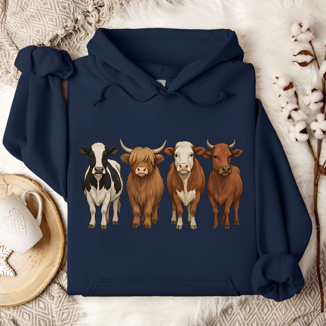 Cow Breed Hoodie – Highland, Holstein & Brown Cow Lineup Pullover for Ranchers & Cow Lovers