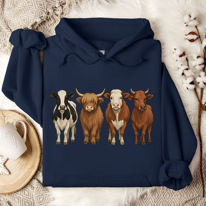 Cow Breed Hoodie – Highland, Holstein & Brown Cow Lineup Pullover for Ranchers & Cow Lovers