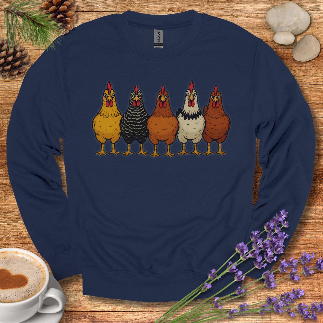 Hen Lineup Chicken Sweatshirt – Colorful Barnyard Pullover for Poultry Lovers & Farmhouse Living