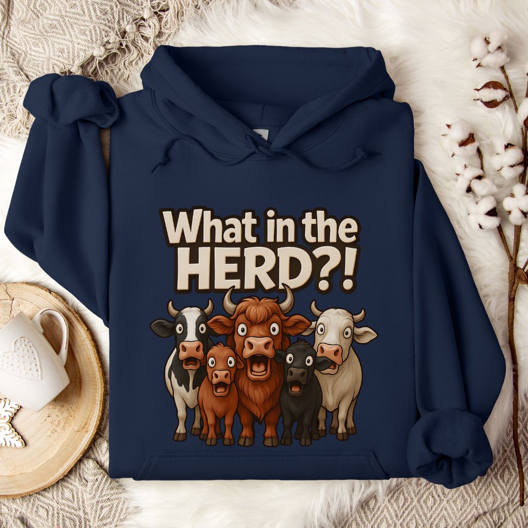 Funny Cow Hoodie – What in the Herd?! Farm Humor Pullover for Cow Lovers & Country Life Fans