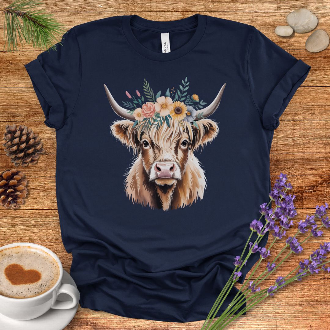 Floral Highland Cow T-Shirt – Rustic Boho Farmhouse Graphic Tee for Country Living & Cow Lovers