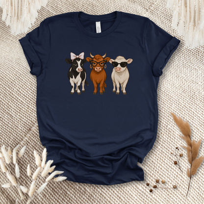 Trendy Cow Trio T-Shirt – Cute Stylish Cows with Bow & Sunglasses Farm Animal Tee